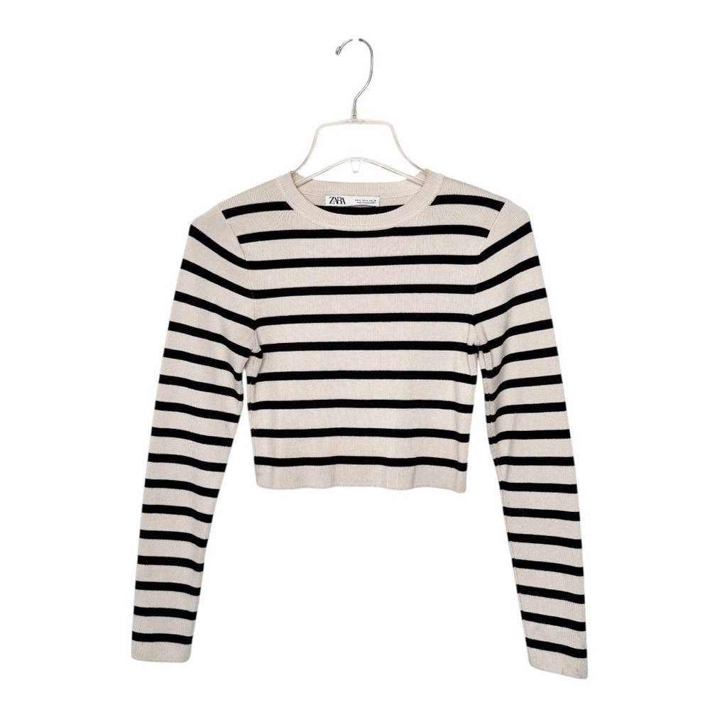 ZARA BLACK AND IVORY STRIPED CROP KNIT TOP SZ M